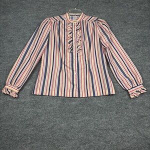 Vintage Striped Ruffle Blouse • Retro Preppy Button-Up Top Small 70’s